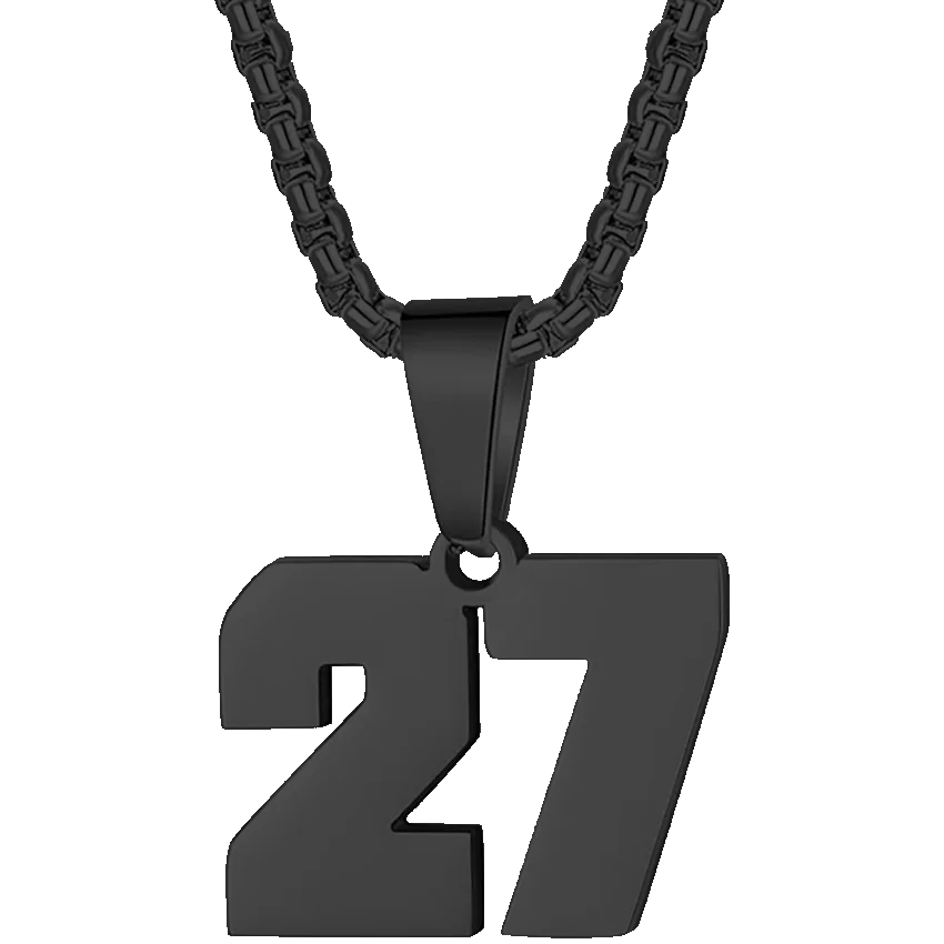 Black metal pendant necklace featuring the number 27.