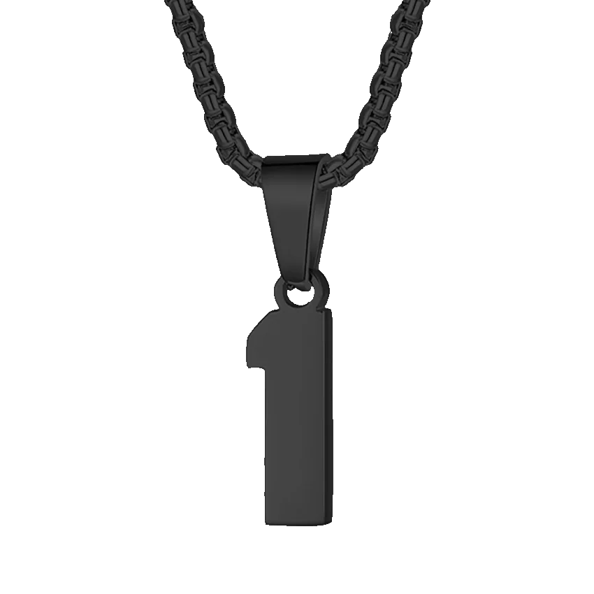 Black metal pendant necklace with a number ’1’ charm.