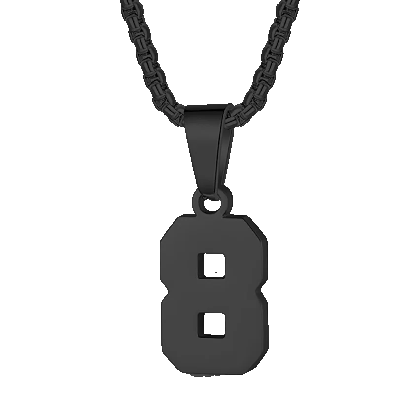 Black metal pendant necklace featuring the number 8.