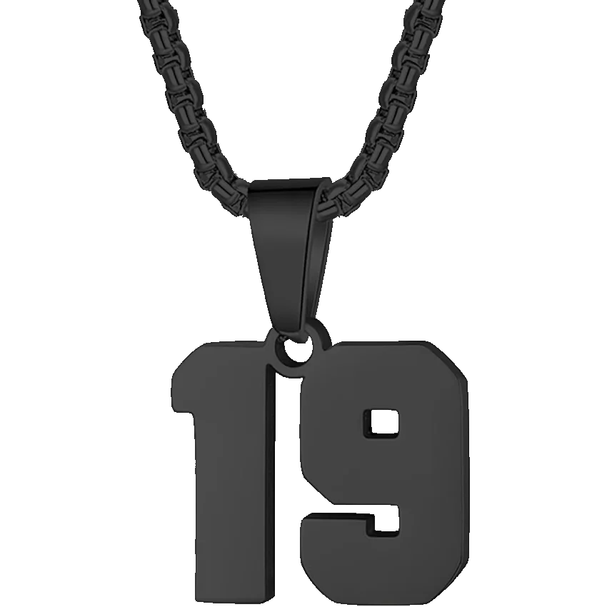 Black metal pendant necklace featuring the number 19.