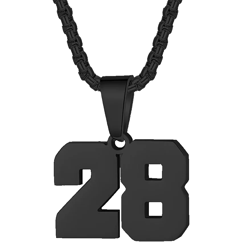 Black pendant necklace featuring the number 28.