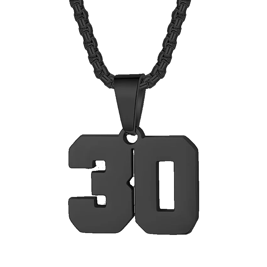 Black pendant necklace with the number ’30’ as the charm.