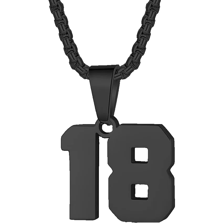 Black pendant necklace featuring the number 18.