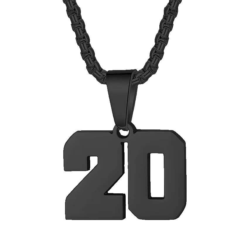 Black pendant necklace featuring the number ’20’ as its charm.