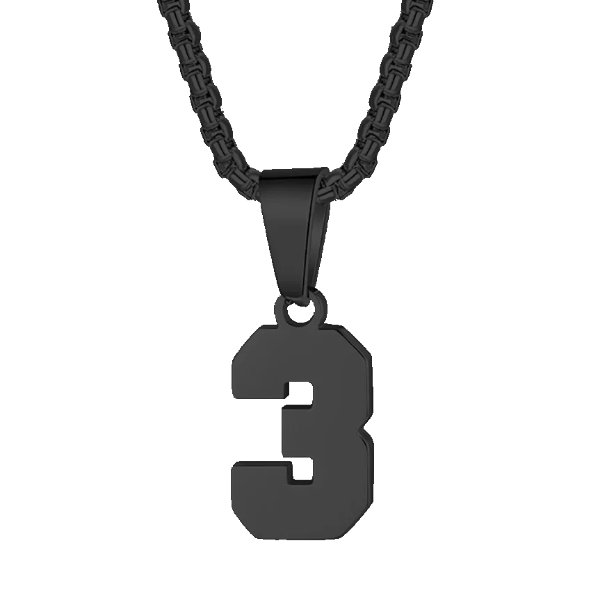 Black pendant necklace featuring the number 3.