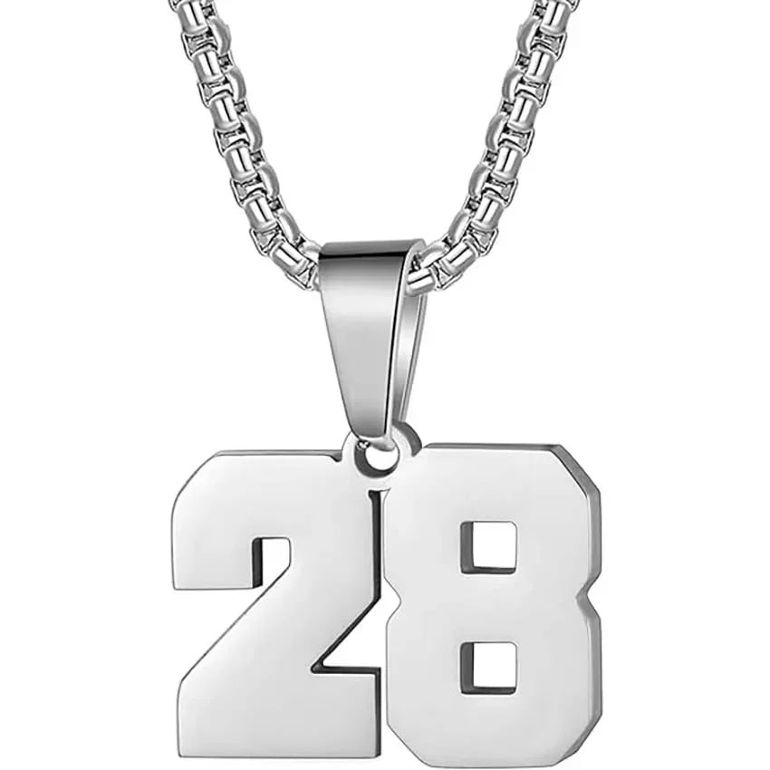 Silver pendant necklace featuring the number ’28’ as a charm.