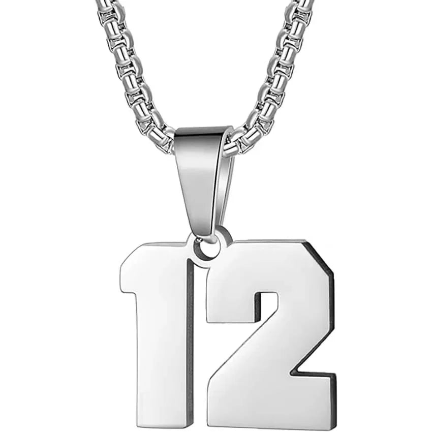 Silver pendant necklace featuring the number 12.