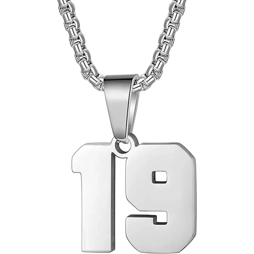 Silver pendant necklace featuring the number ’19’ as the charm.