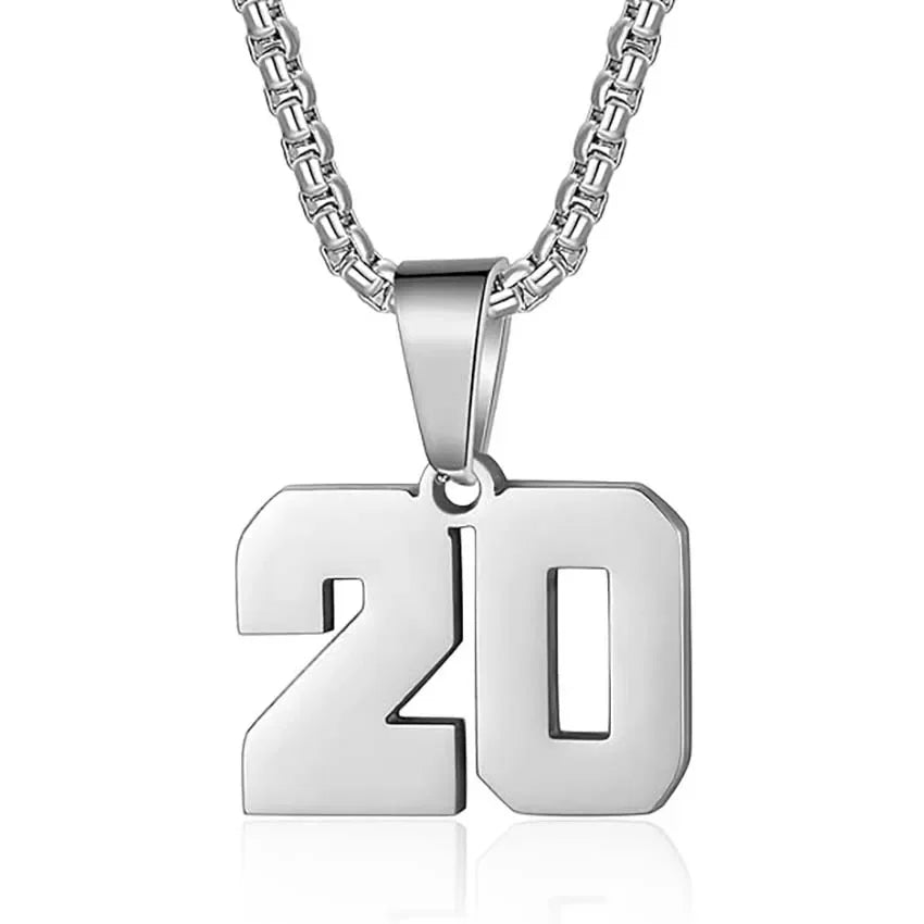 Silver pendant necklace featuring the number ’20’ as the charm.