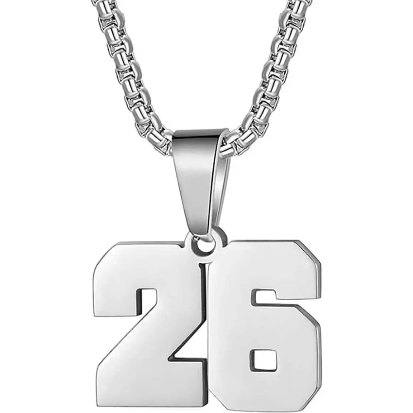 Silver pendant necklace featuring the number 26.