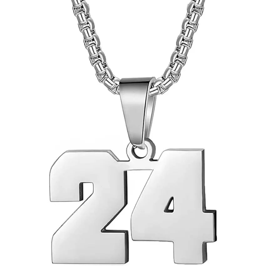 Silver pendant necklace featuring the number 24.