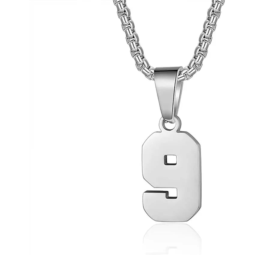 Silver pendant necklace featuring the number 9.