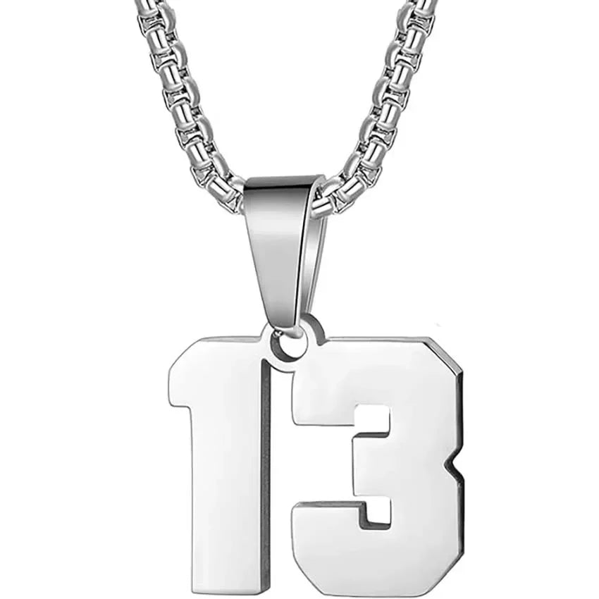 Silver pendant necklace featuring the number 13.