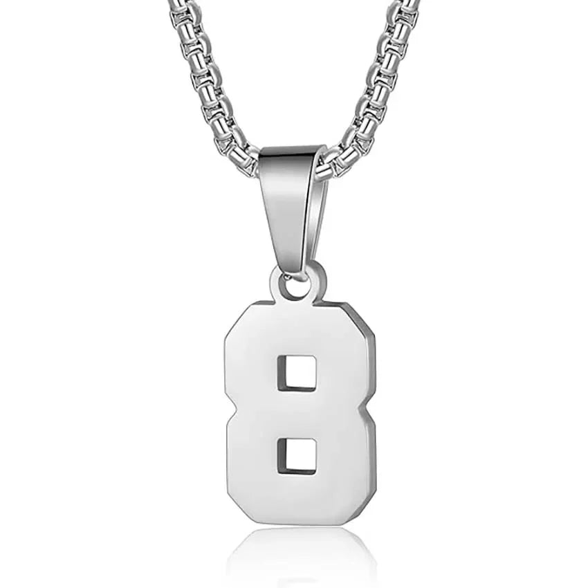 Silver pendant necklace featuring the number 8.