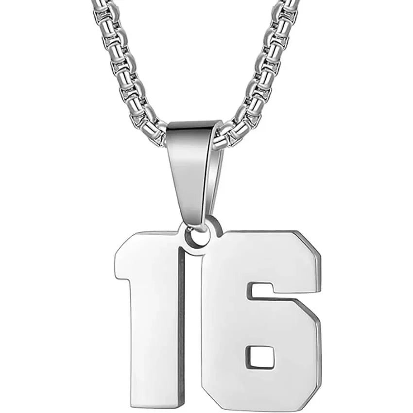 Silver pendant necklace featuring the number 16.