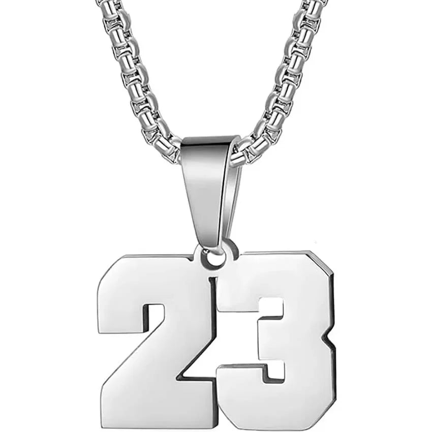 Silver pendant necklace featuring the number 23.