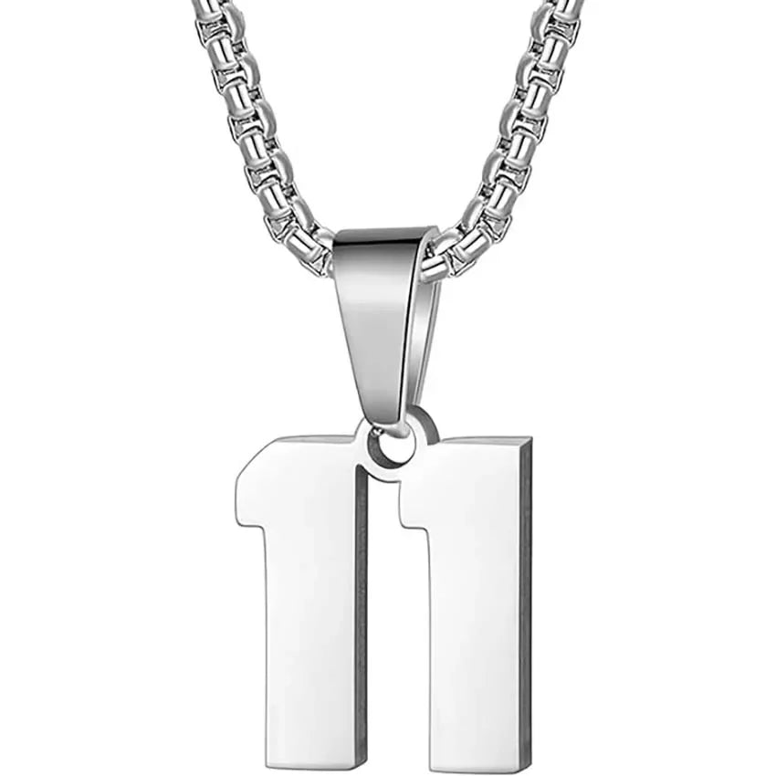 Silver pendant necklace featuring the number 11.