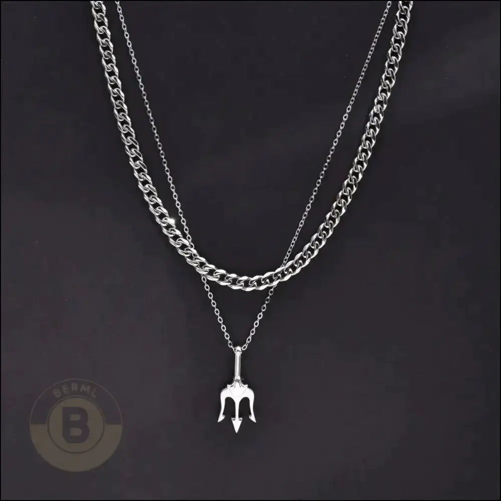 Izechiel Stainless Steel Trident Pendant & Curb Chain Necklace Set - BERML BY DESIGN JEWELRY FOR MEN
